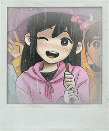 a picture of a girl in a pink hoodie holding an umbrella
