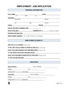 a sample employment / job application form with a lot of information on it .