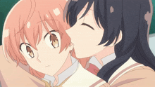 two anime girls are hugging each other and one is kissing the other on the cheek