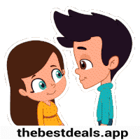 a cartoon of a boy and a girl looking at each other with the bestdeals.app written below them