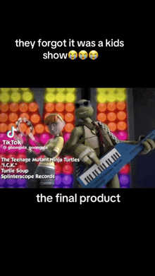 a teenage mutant ninja turtle is holding a keyboard and a tambourine .