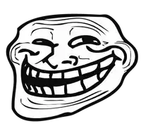a black and white drawing of a troll face smiling