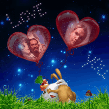 two heart shaped balloons with a picture of a man and a woman inside of them