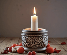 a candle is lit in a silver candle holder
