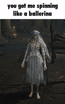 a woman in a white dress is spinning like a ballerina in a video game