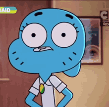 a cartoon character from the amazing world of gumball is standing with her hands on her hips