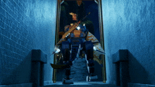 a robot with a sword and shield is standing in a dark room