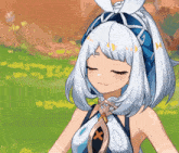 a girl with white hair and a blue headband has a cross on her neck