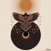 a drawing of a bird sitting on top of a circle with a sun and moon in the background