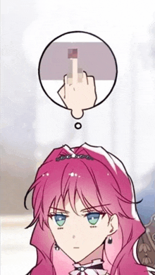 a girl with pink hair has a thought bubble above her head with a middle finger