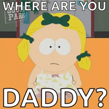 a cartoon of a girl with a green bow on her head and the words where are you daddy