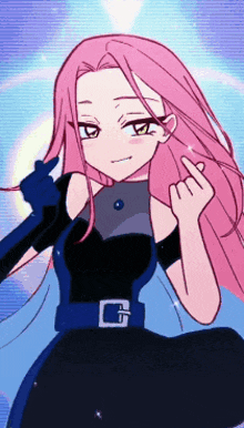 a girl with pink hair and a belt with the letter g on it