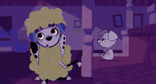 a cartoon dog wearing a wig and headphones