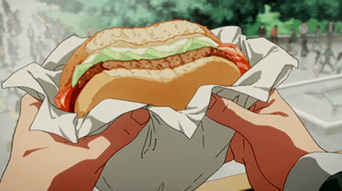 Cute anime style cat girl on a giant hamburger