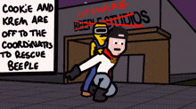 a cartoon of a man carrying another man in front of a building that says lee empire on it