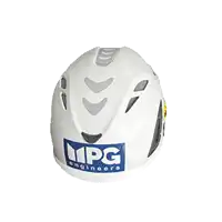 a white helmet with a blue sticker on it that says ipg engineers