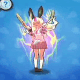 a girl with bunny ears is holding a sword and a fork