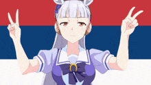 a girl giving a peace sign with her hands