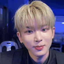 a close up of a man 's face with blonde hair