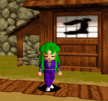 a cartoon character with green hair is walking in front of a wooden building