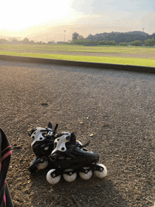 a pair of roller skates laying on the ground with a field in the background