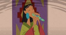 a cartoon character is playing a flute in front of a wall