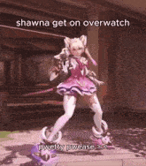 a video game character with the caption shawna get on overwatch pwetty pwease