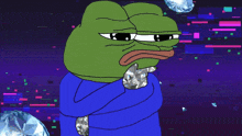 a cartoon of a green frog with a blue sweater and diamonds in his mouth