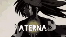 a black and white drawing of a person with the word aterna in white letters