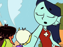 a cartoon of a woman with a red cross on her shirt