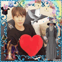 a picture of a man holding a red heart with a wizard and a bird behind him