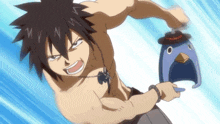 a shirtless cartoon character is holding a blue bird
