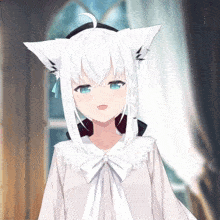 a girl with white hair and blue eyes is wearing a white shirt with a bow