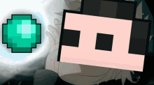 a pixel art of a person holding a emerald next to a pixel art of a face with the letter l on it