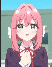 a girl with pink hair and green eyes is wearing a suit and tie
