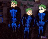 three cartoon characters in glow in the dark skeleton costumes with 3look in the corner