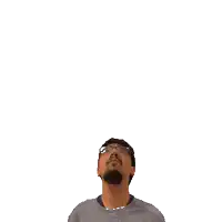 a man with glasses looks up at a green x on his head