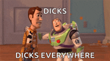woody and buzz lightyear from toy story are standing next to each other and they are talking about dicks everywhere .