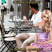 a man and a woman are sitting at a table with the words weekend relaxant