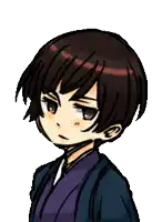a drawing of a boy with short brown hair and a purple shirt