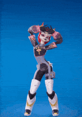 a cartoon character with red hair and white pants is standing on a blue background