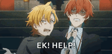 a couple of anime characters standing next to each other with the words ek help written on the bottom