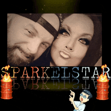 a man and a woman are standing next to each other in front of the words sparkeistar