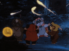 a group of cartoon characters are standing around a light
