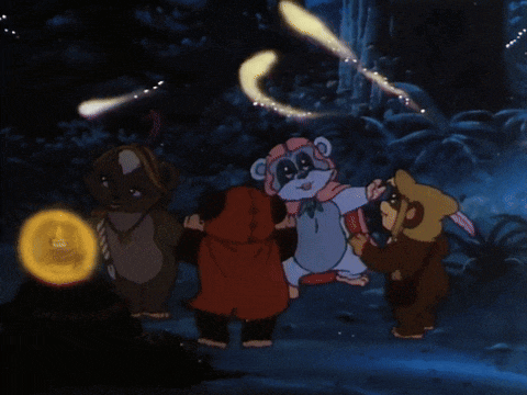 The Ewoks dance around with the firefolk
