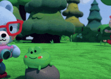 a frog sitting on a rock with a teddy bear taking a picture