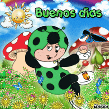 a ladybug holding a plate with a butterfly on it and the words buenos dias above it