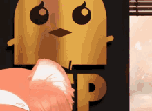 a close up of a cartoon character with the letter p on the bottom