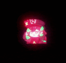 a cartoon character with a red hat and green circles around her head