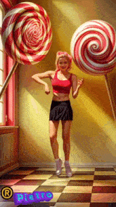 a woman in a red top and black skirt is standing in front of giant lollipops with the word retro in the corner
